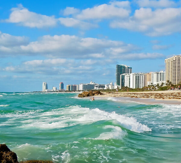 South Beach skyline with palm trees and ocean in Miami, Florida.