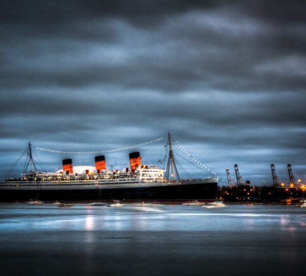 The Haunted Queen Mary ship docked in 6 Haunted Tales of Long Beach, California.